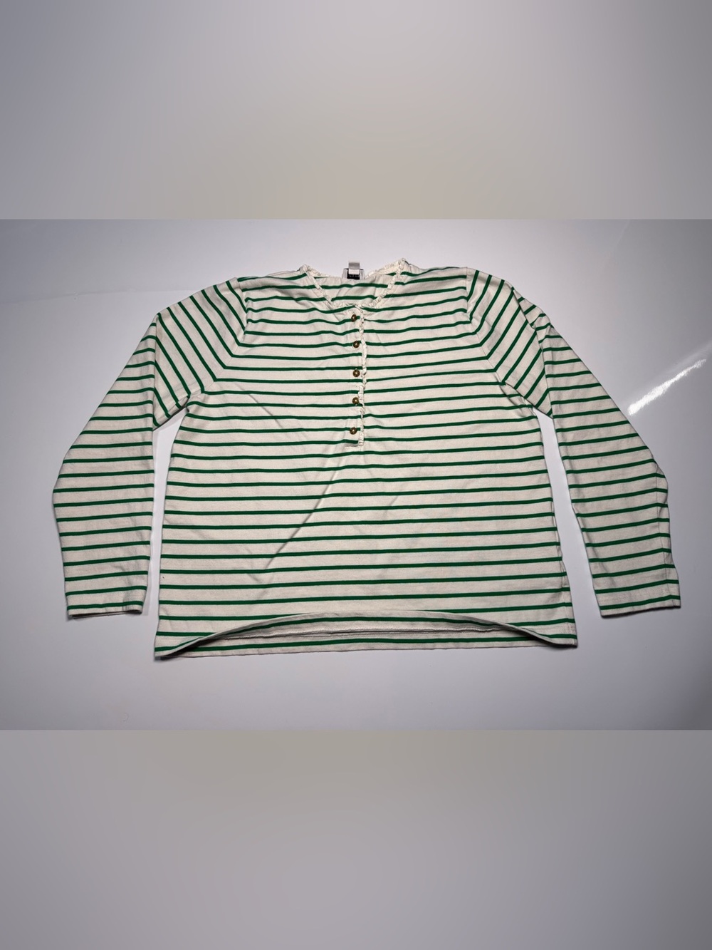 J.Crew Breton Stripe Ruffle Henley Top Large Green White Cotton Long Sleeve